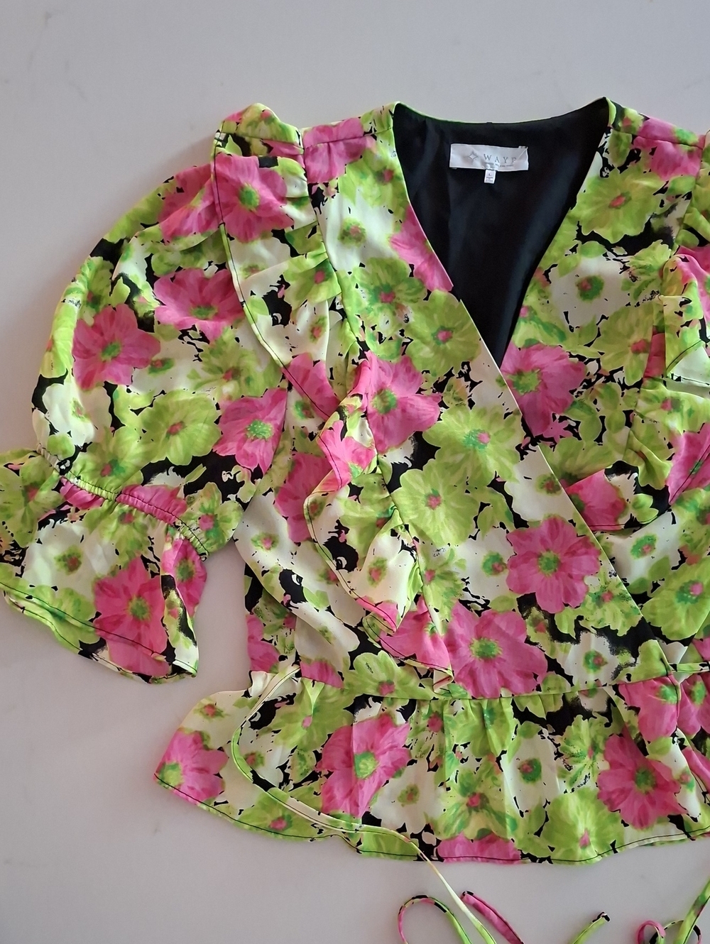 WAYF Pink, Black & Lime Green Vibrant Floral Ruffle Peplum Wrap Top (Size L)